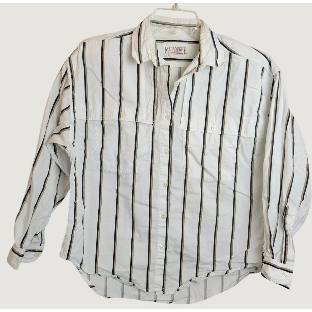 Vtg Melbourne Button Down Shirt Farmhouse Stripe Cotton White Black Tan Small